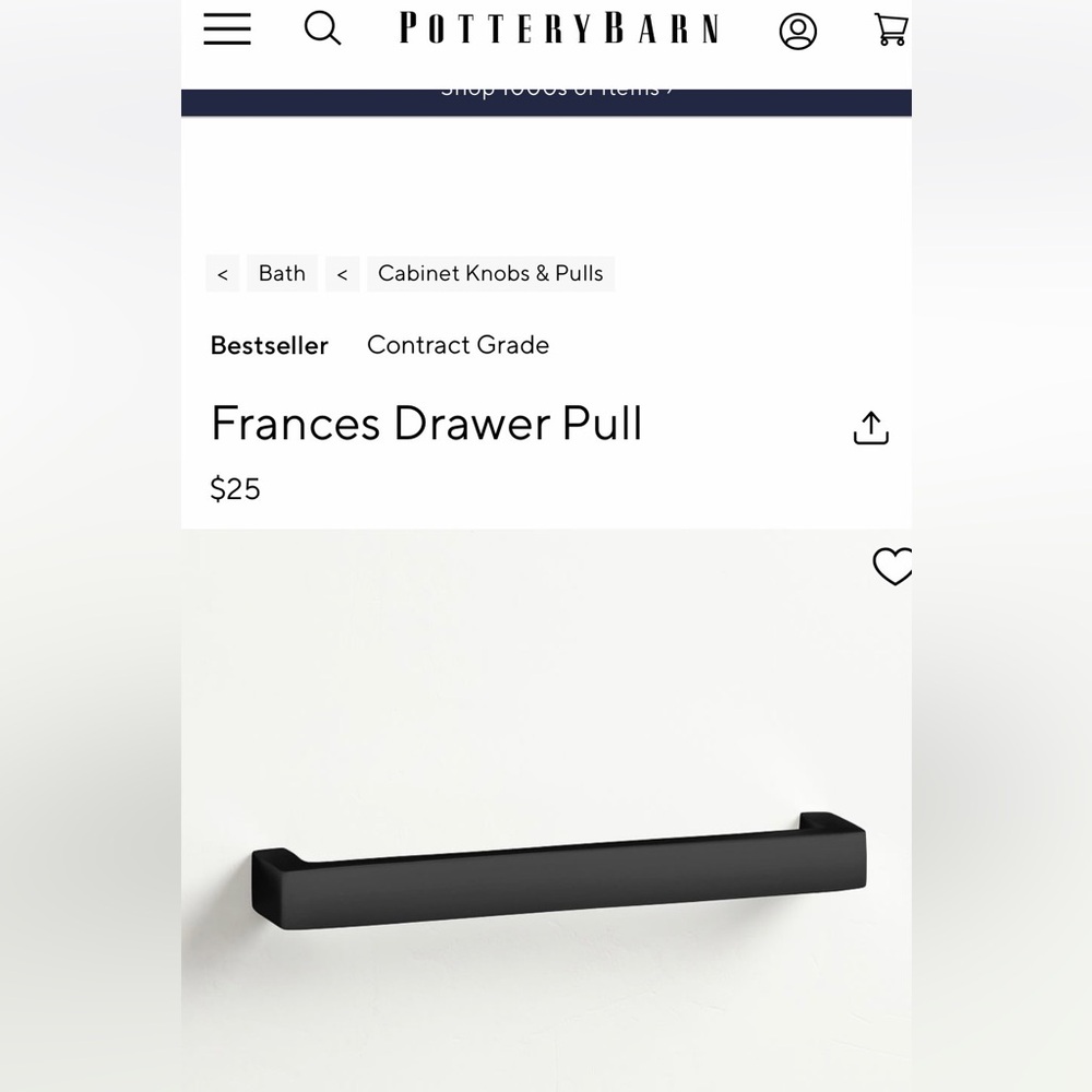 Pottery Barn Matte Black Drawer Handle